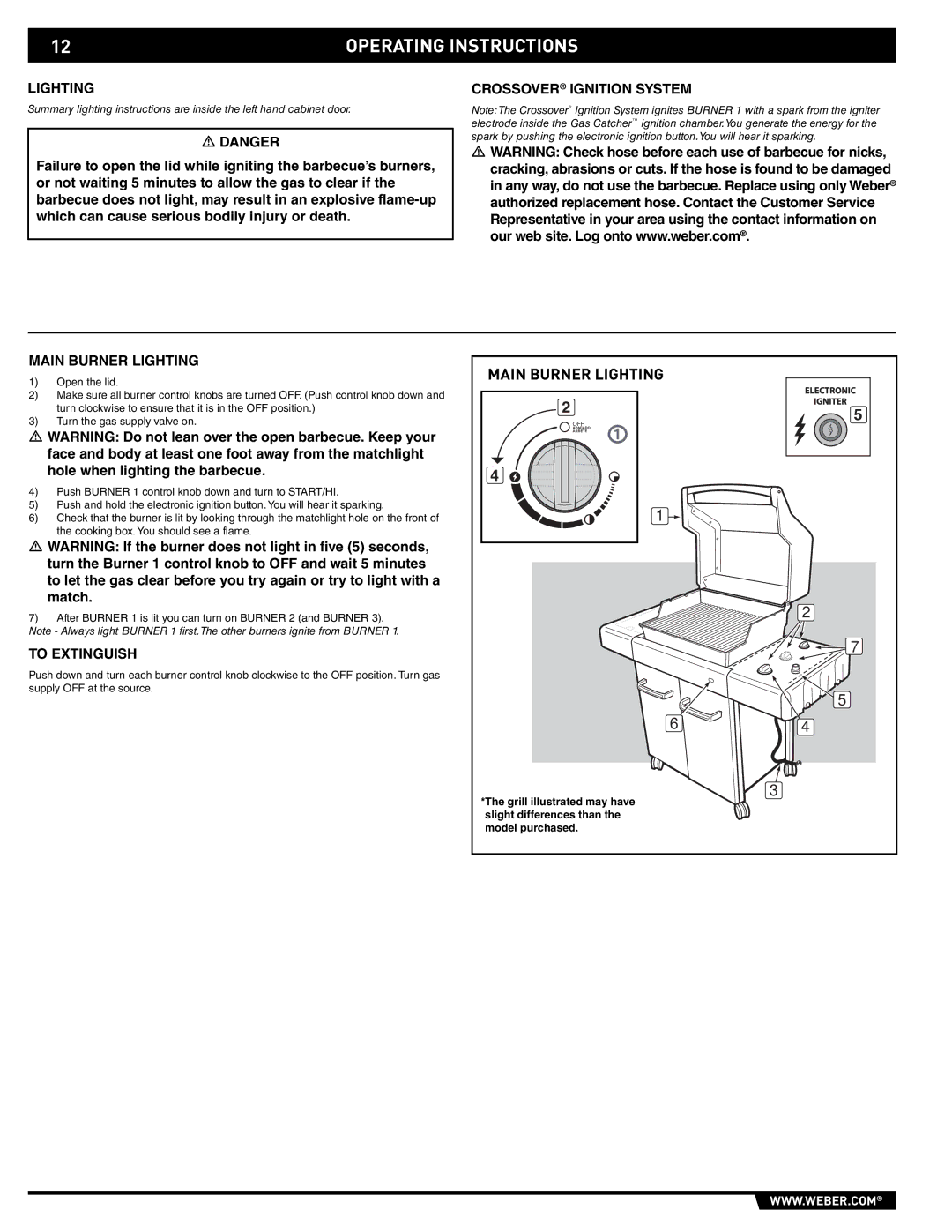 Spirit E/EP - 210/310 manual Operating Instructions, Crossover Ignition System Main Burner Lighting, To Extinguish 