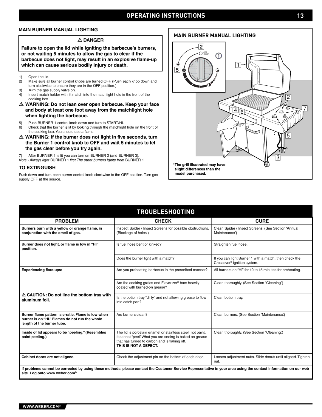 Spirit E/EP - 210/310 manual Troubleshooting, Main Burner Manual Lighting, Problem Check Cure 