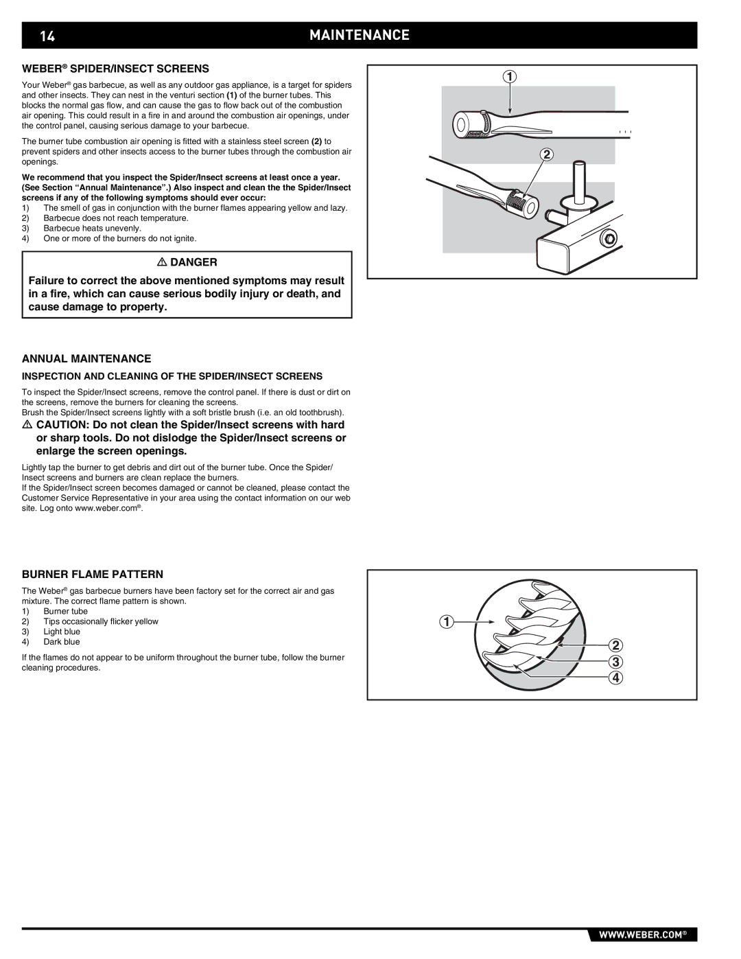 Spirit E/EP - 210/310 manual 14MAINTENANCE, Weber SPIDER/INSECT Screens, Annual Maintenance, Burner Flame Pattern 