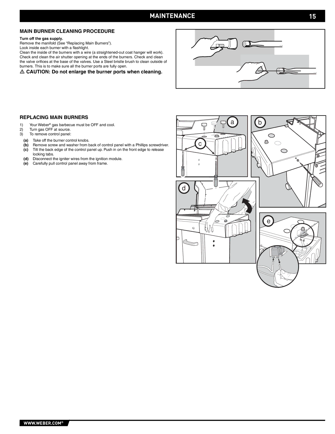 Spirit E/EP - 210/310 manual MAINTENANCE15, Main Burner Cleaning Procedure, Replacing Main Burners, Turn off the gas supply 