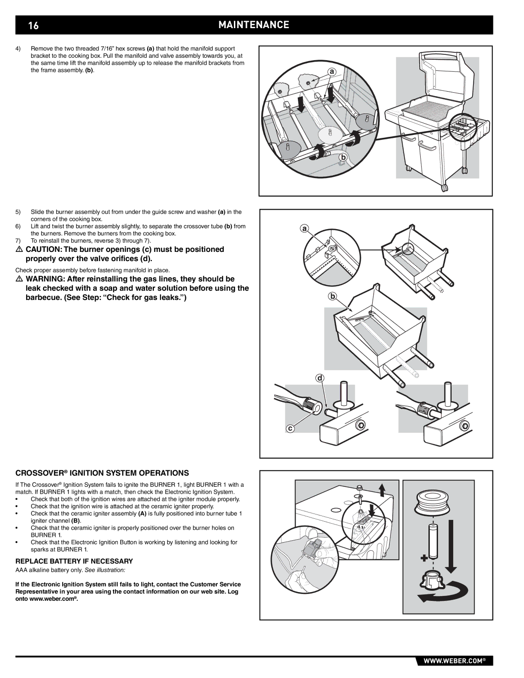 Spirit E/EP - 210/310 manual 16MAINTENANCE, Crossover Ignition System Operations, Replace Battery if Necessary 