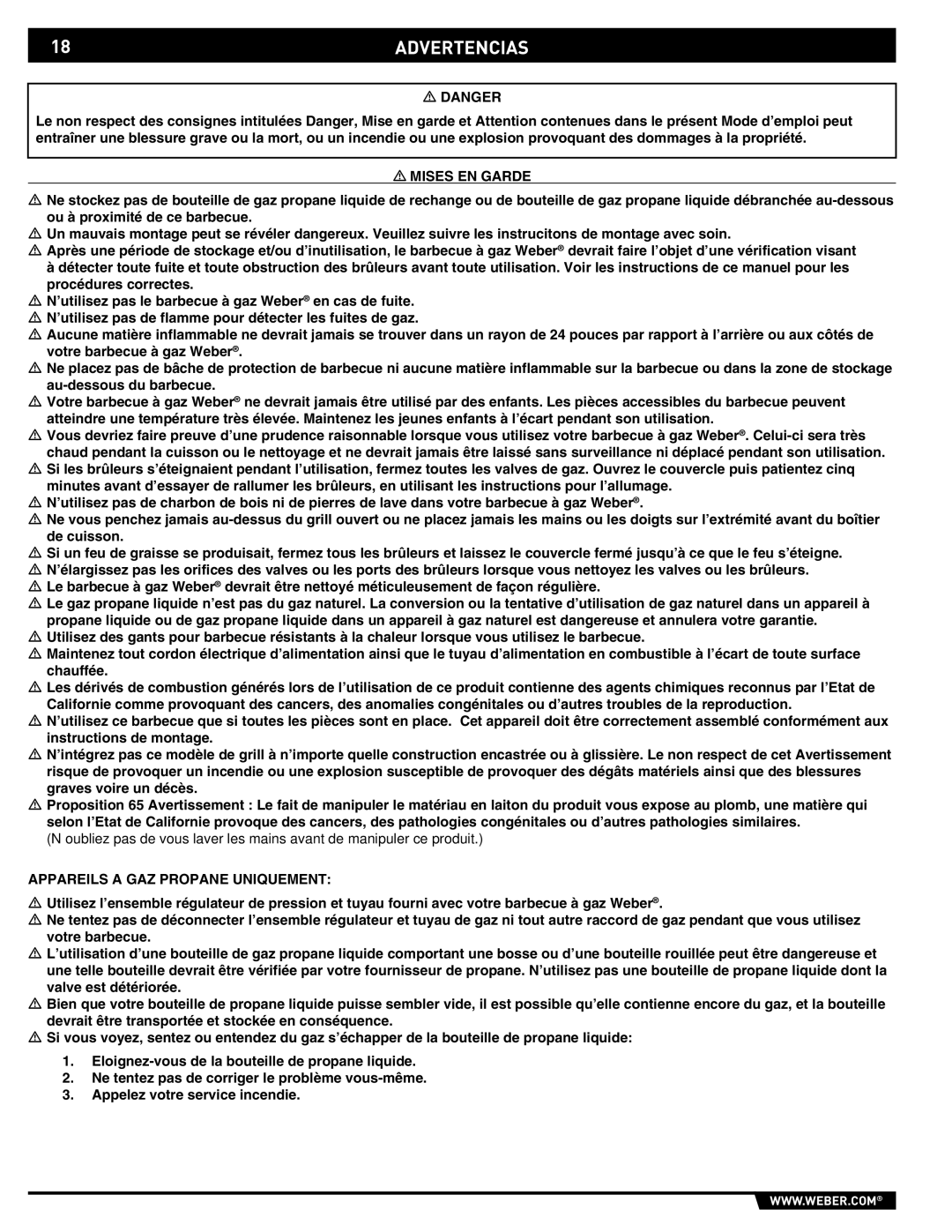 Spirit E/EP - 210/310 manual 18ADVERTENCIAS, Mises EN Garde, Appareils a GAZ Propane Uniquement 