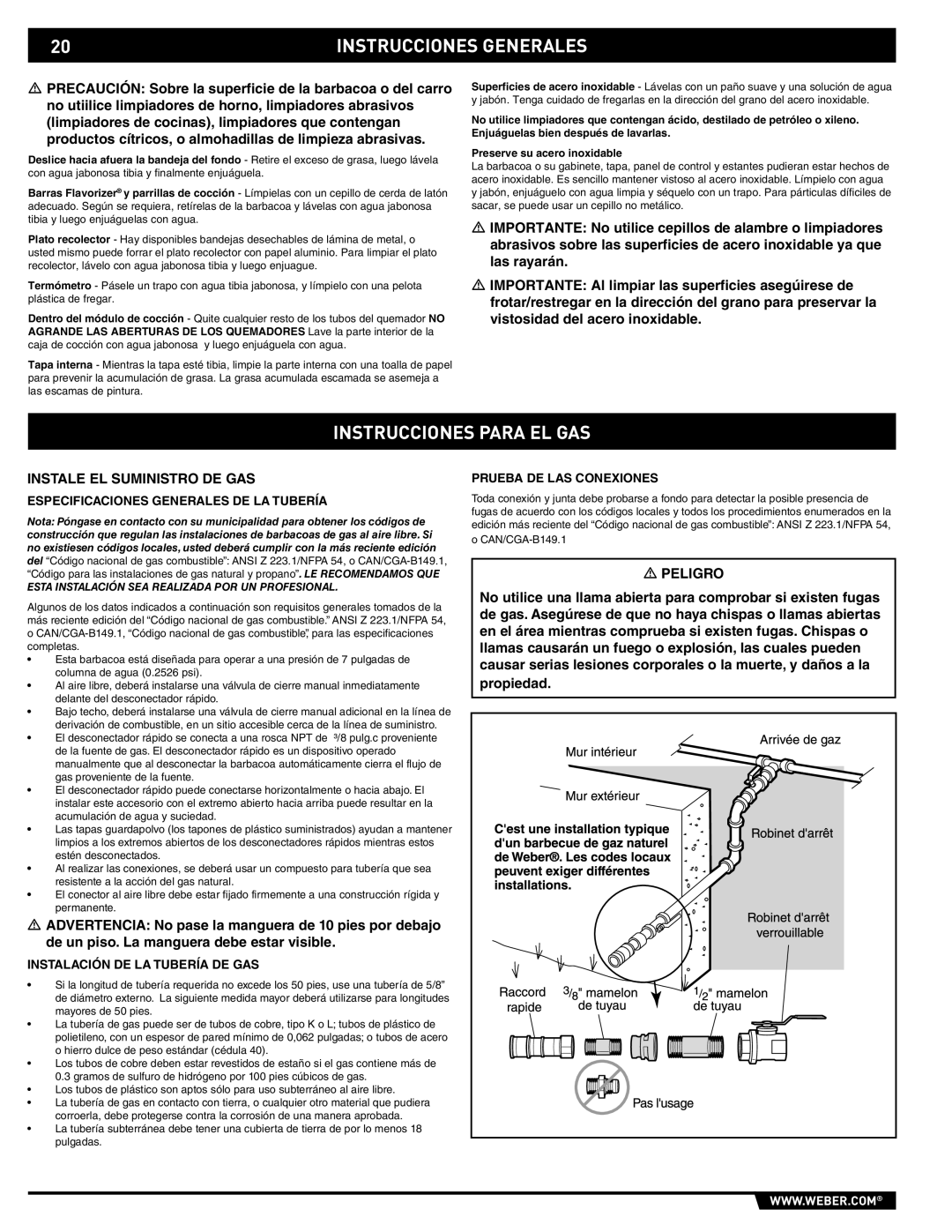 Spirit E/EP - 210/310 manual Instrucciones Para EL GAS, Instale EL Suministro DE GAS, Peligro 