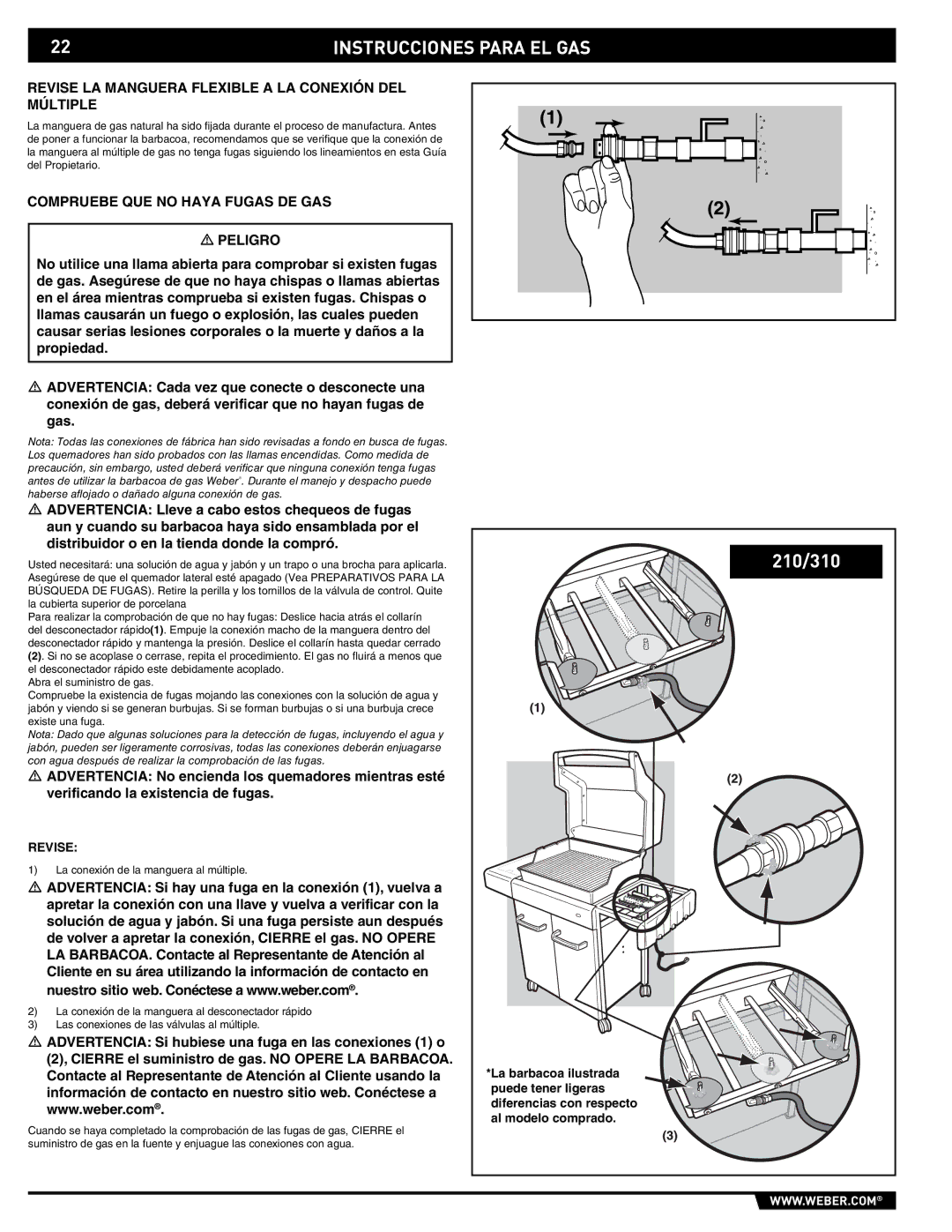 Spirit E/EP - 210/310 Revise LA Manguera Flexible a LA Conexión DEL Múltiple, Compruebe QUE no Haya Fugas DE GAS Peligro 