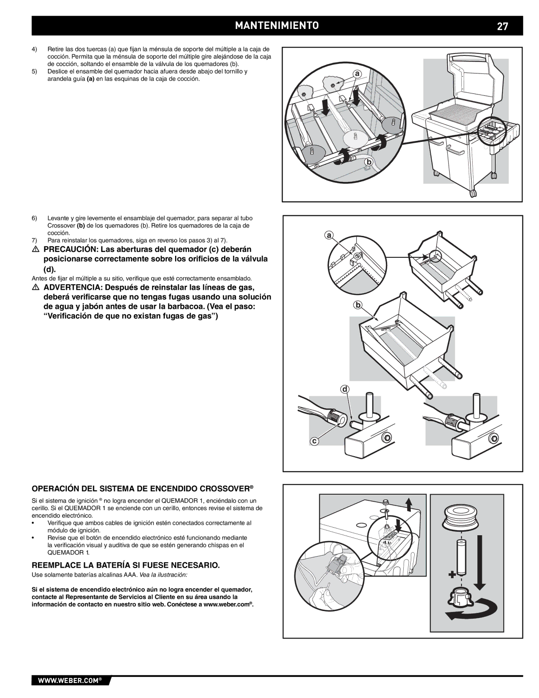 Spirit E/EP - 210/310 Mantenimiento, Operación DEL Sistema DE Encendido Crossover, Reemplace LA Batería SI Fuese Necesario 