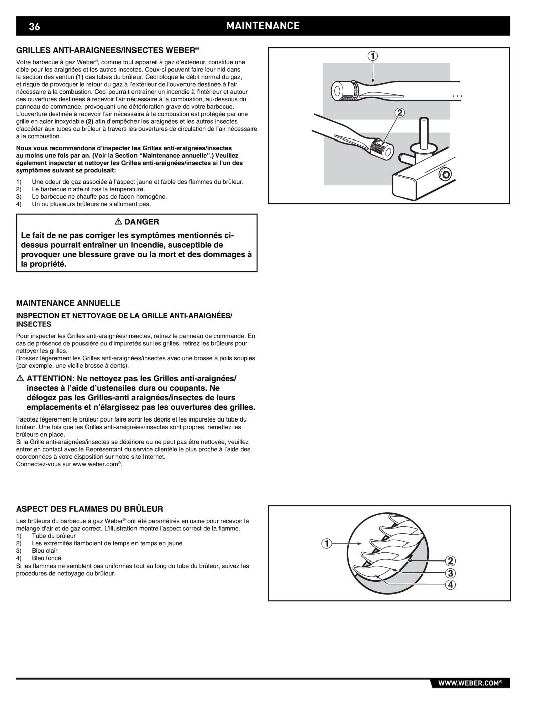Spirit E/EP - 210/310 manual 36MAINTENANCE, Grilles ANTI-ARAIGNEES/INSECTES Weber, Maintenance Annuelle 