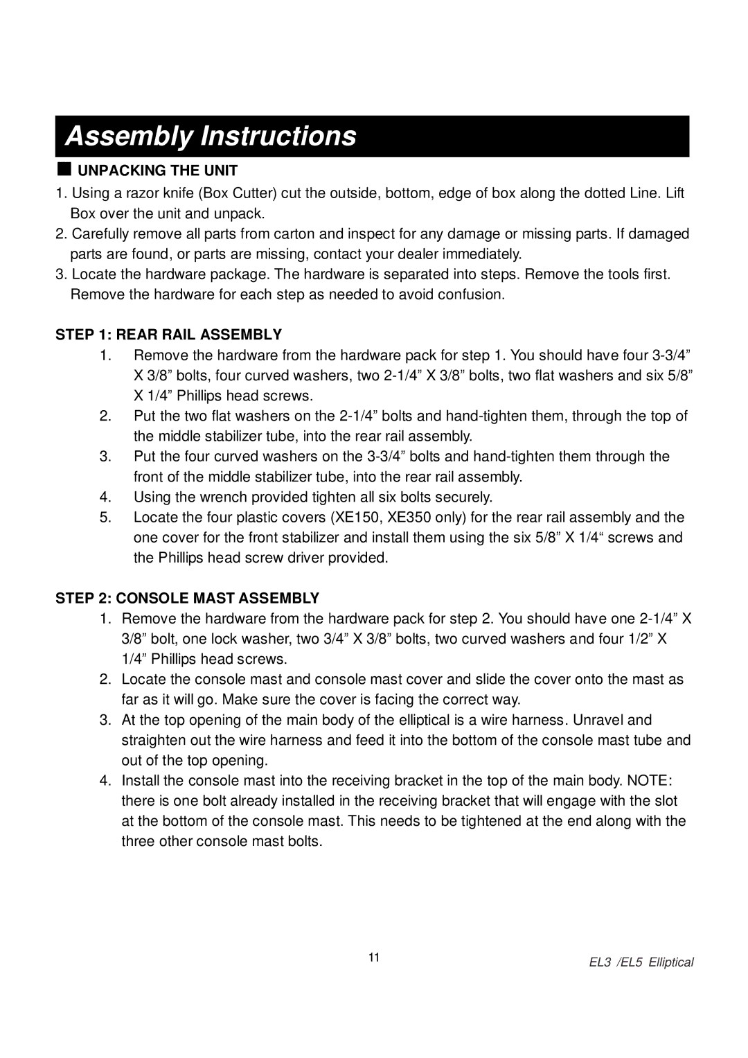 Spirit EL 3 Elliptical, EL 5 Elliptical owner manual Assembly Instructions, Unpacking the Unit 