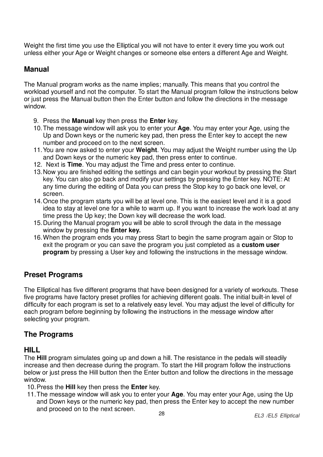 Spirit EL 5 Elliptical, EL 3 Elliptical owner manual Hill 