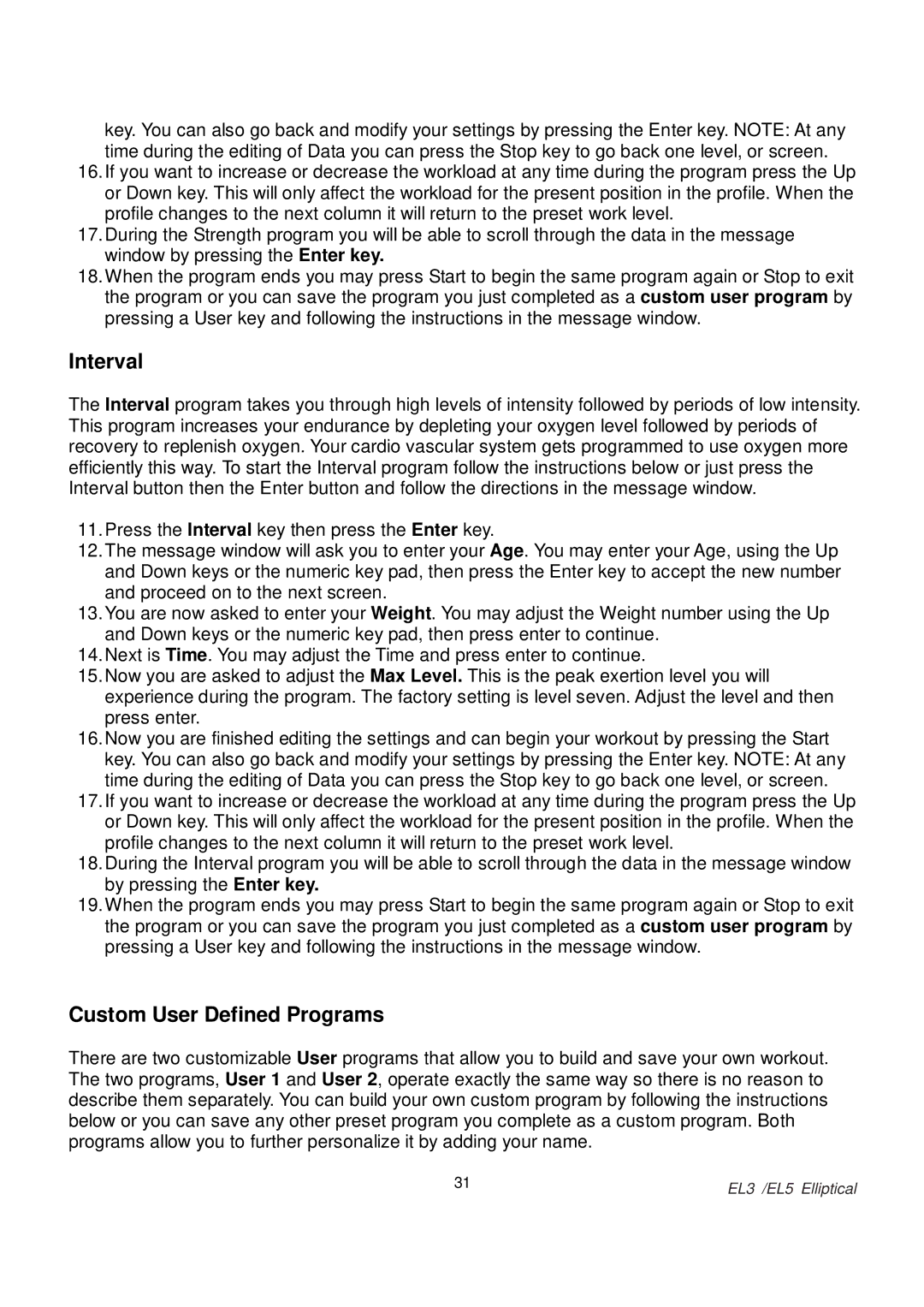 Spirit EL 3 Elliptical, EL 5 Elliptical owner manual Interval 