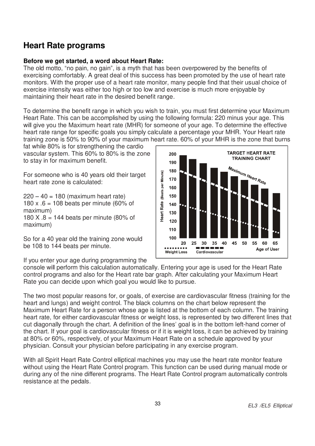 Spirit EL 3 Elliptical, EL 5 Elliptical owner manual Heart Rate programs 