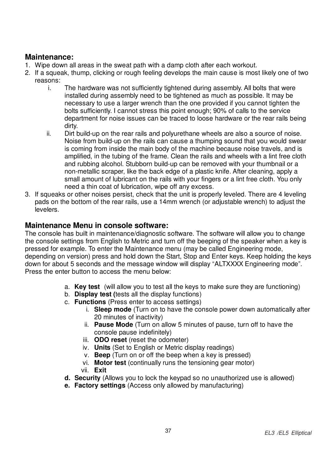 Spirit EL 3 Elliptical, EL 5 Elliptical owner manual Maintenance Menu in console software 