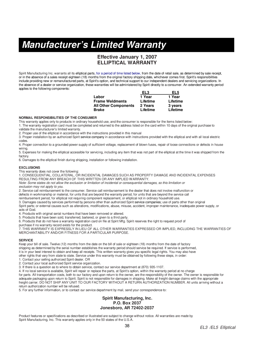 Spirit EL 5 Elliptical, EL 3 Elliptical owner manual Manufacturer’s Limited Warranty, Elliptical Warranty 