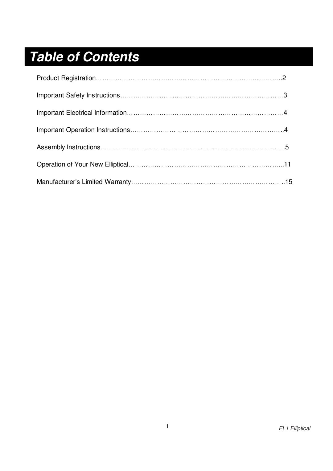 Spirit EL1 owner manual Table of Contents 