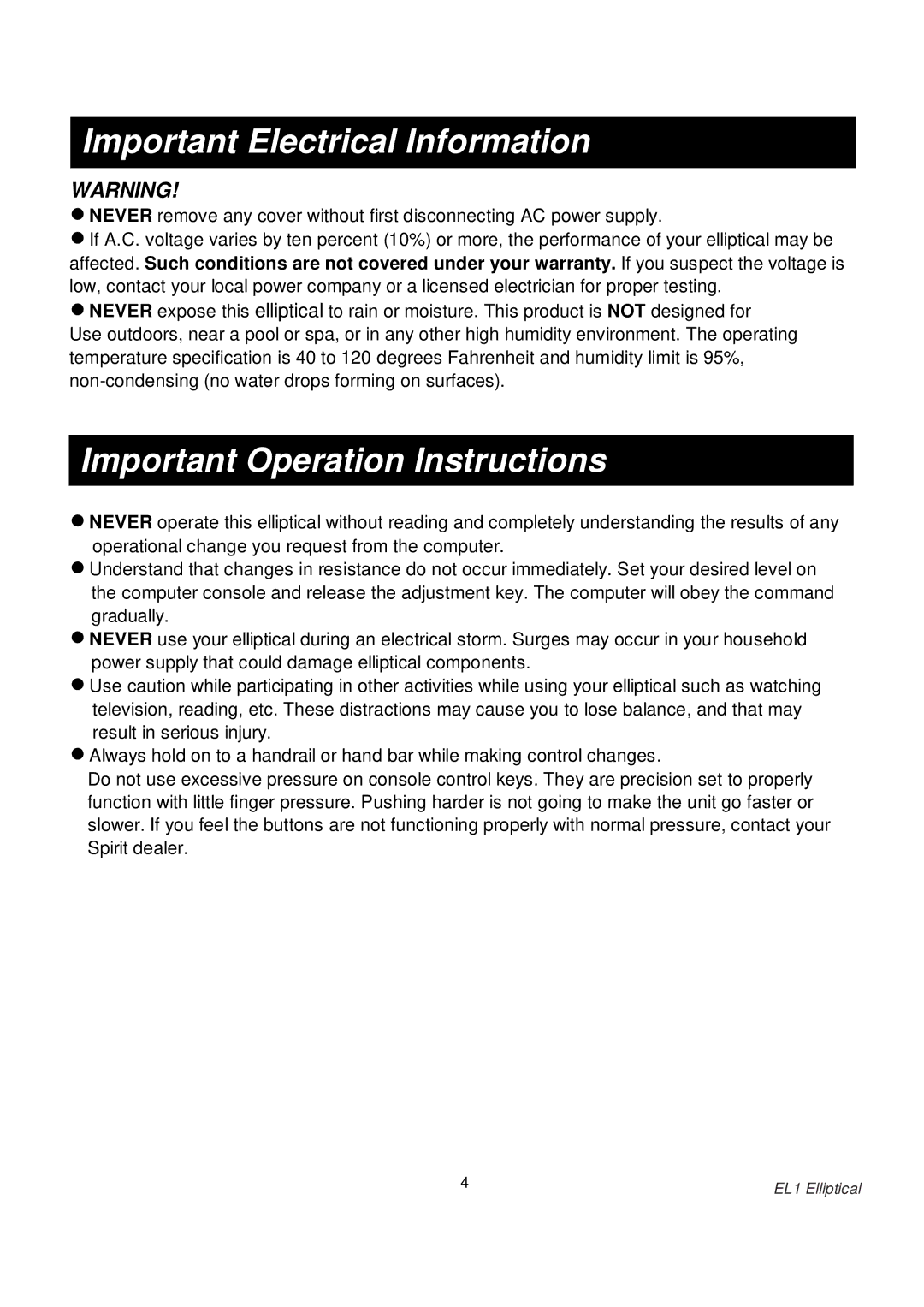 Spirit EL1 owner manual Important Electrical Information, Important Operation Instructions 