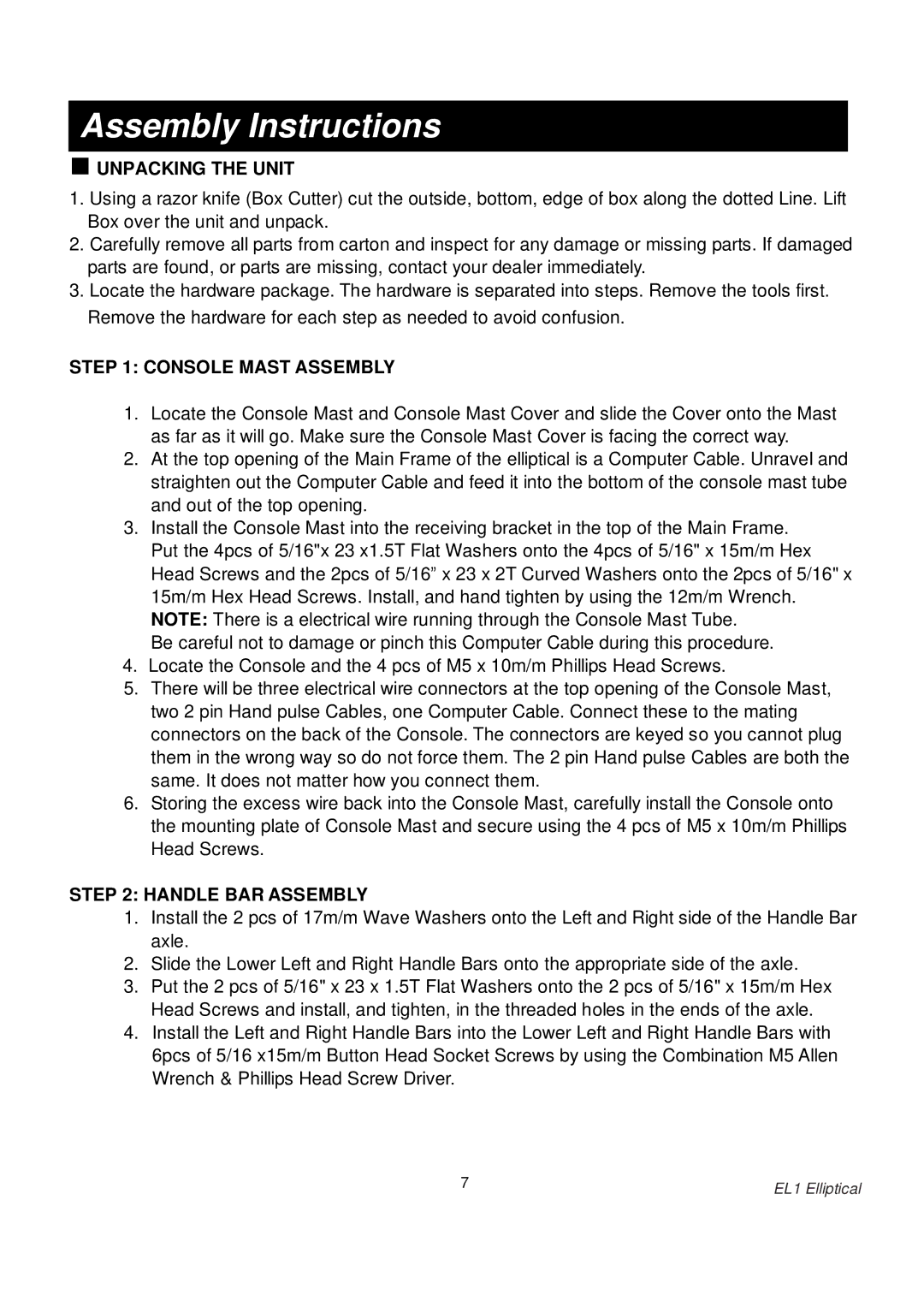 Spirit EL1 owner manual Assembly Instructions, Unpacking the Unit 