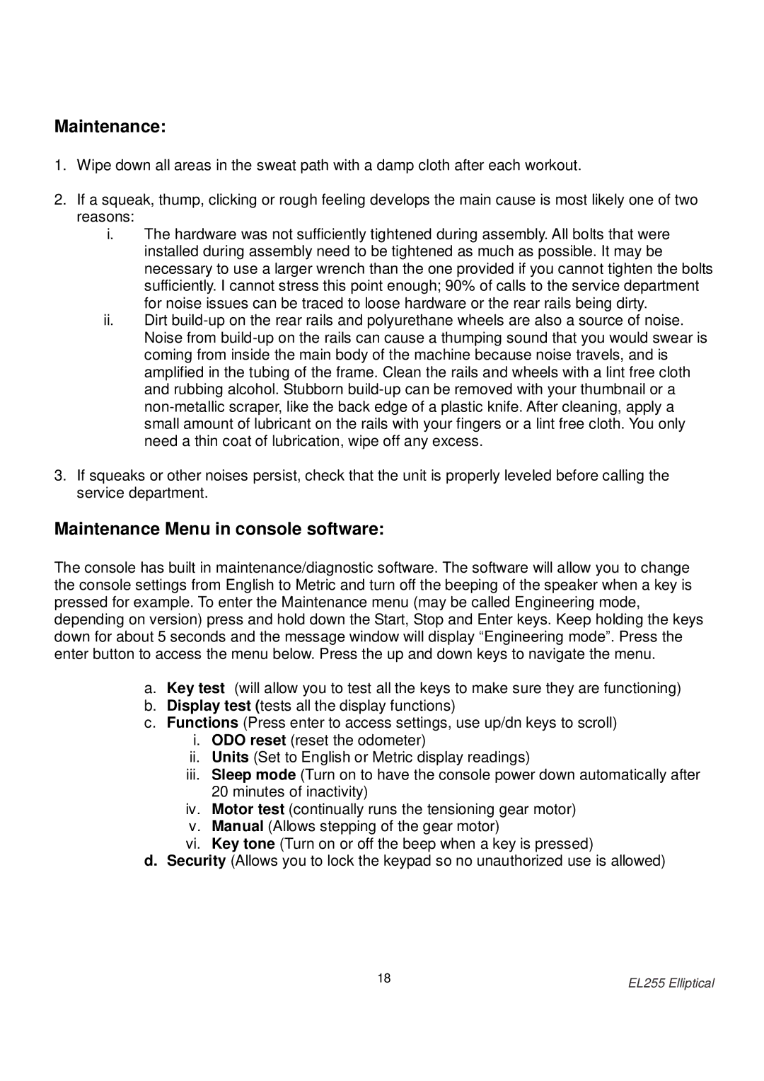 Spirit EL255 owner manual Maintenance Menu in console software 