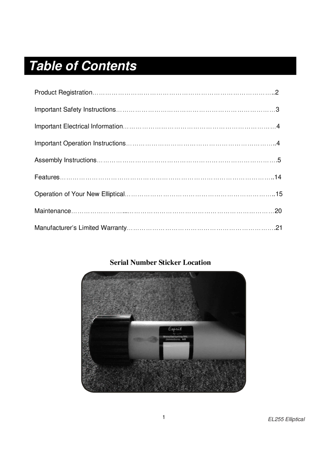 Spirit EL255 owner manual Table of Contents 