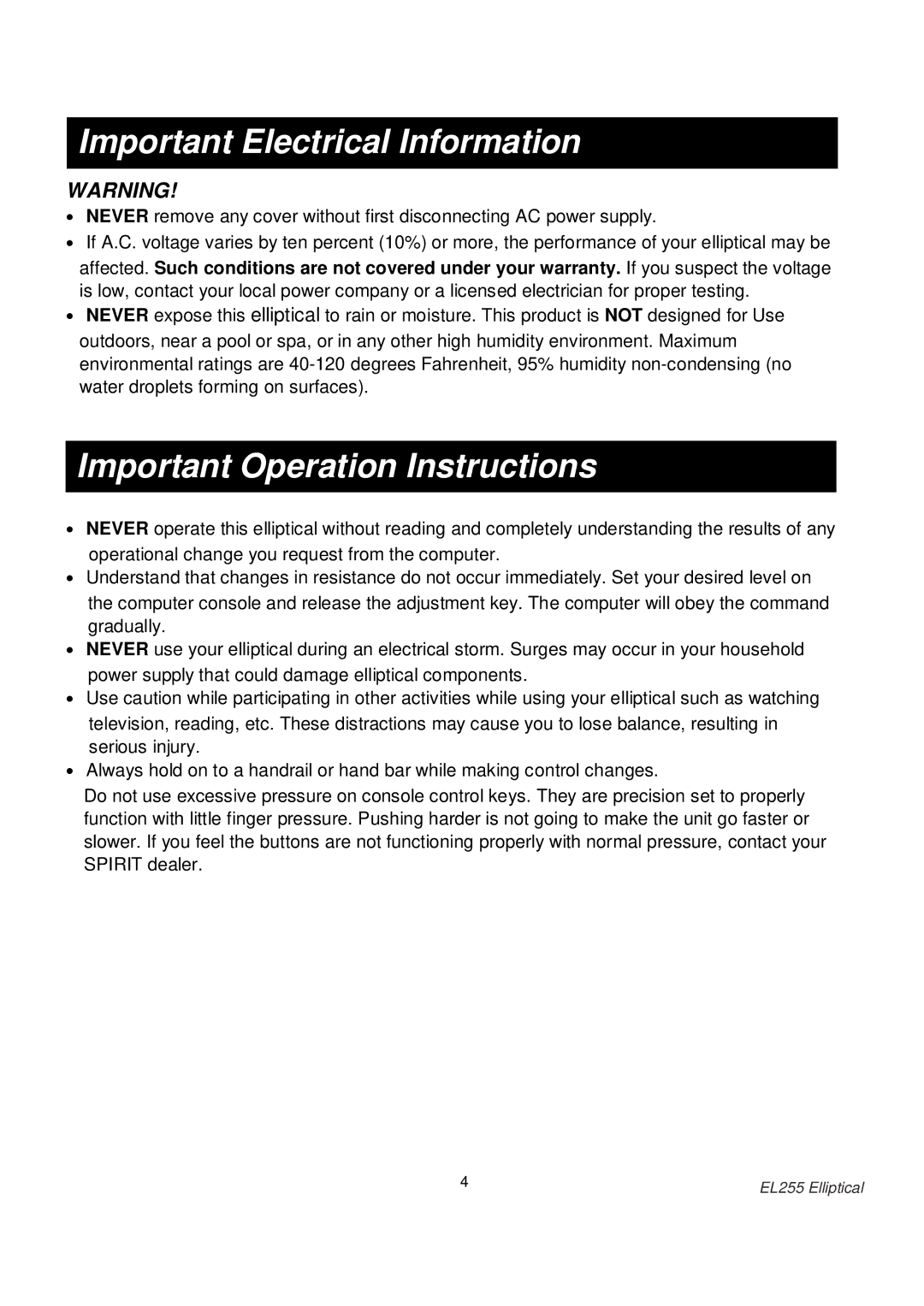 Spirit EL255 owner manual Important Electrical Information, Important Operation Instructions 