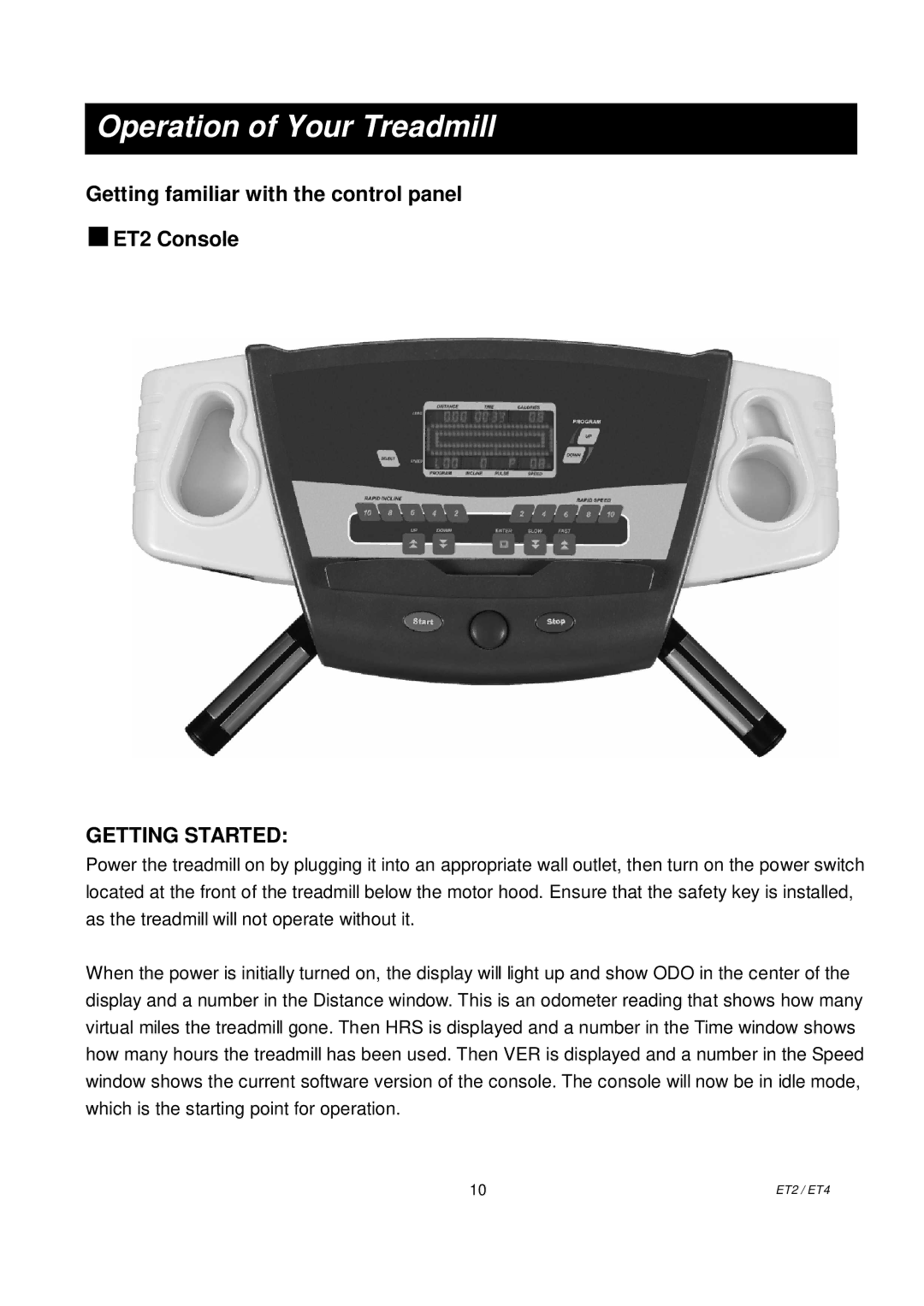 Spirit ET4 owner manual Getting familiar with the control panel ET2 Console, Getting Started 