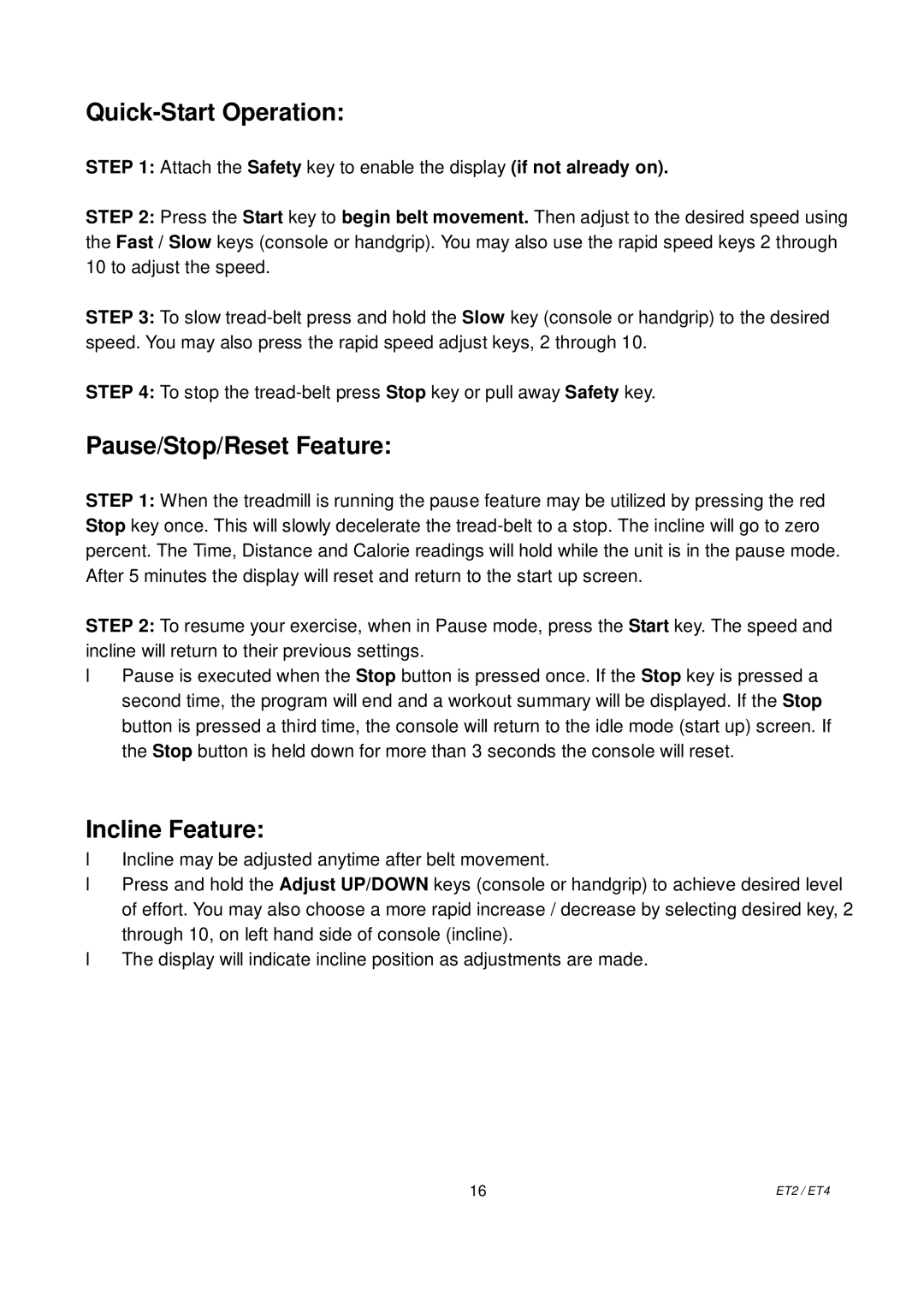 Spirit ET4, ET2 owner manual Quick-Start Operation 