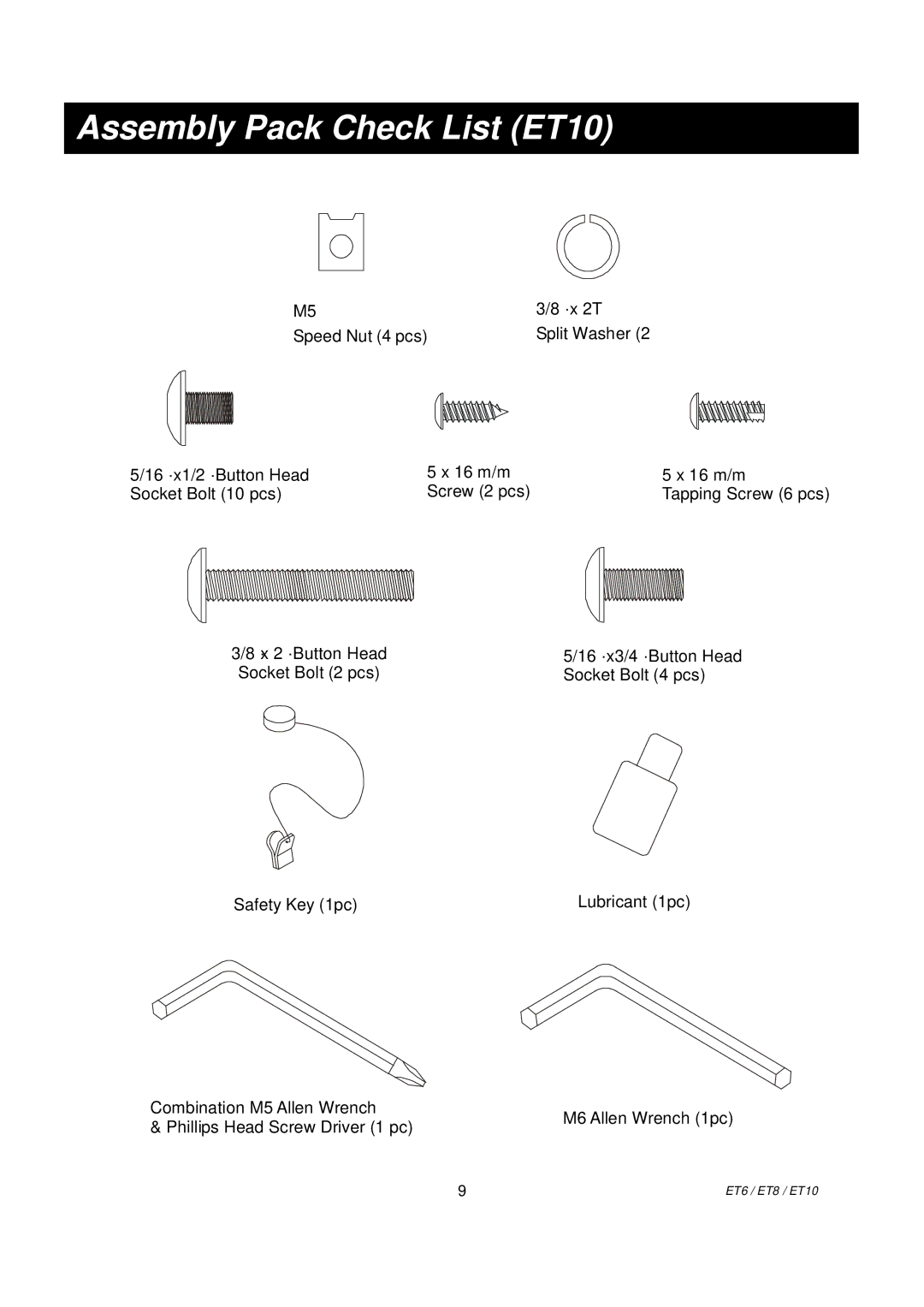 Spirit ET8, ET6 owner manual Assembly Pack Check List ET10 