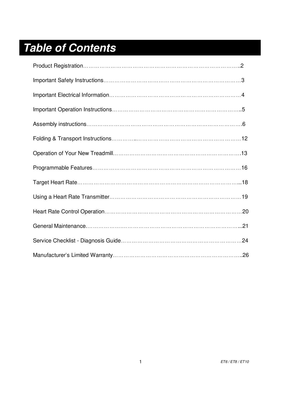 Spirit ET10, ET6, ET8 owner manual Table of Contents 