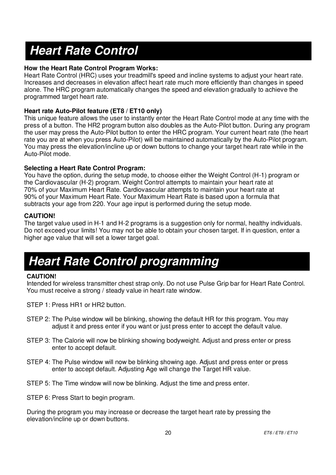 Spirit ET6, ET8, ET10 owner manual Heart Rate Control programming 