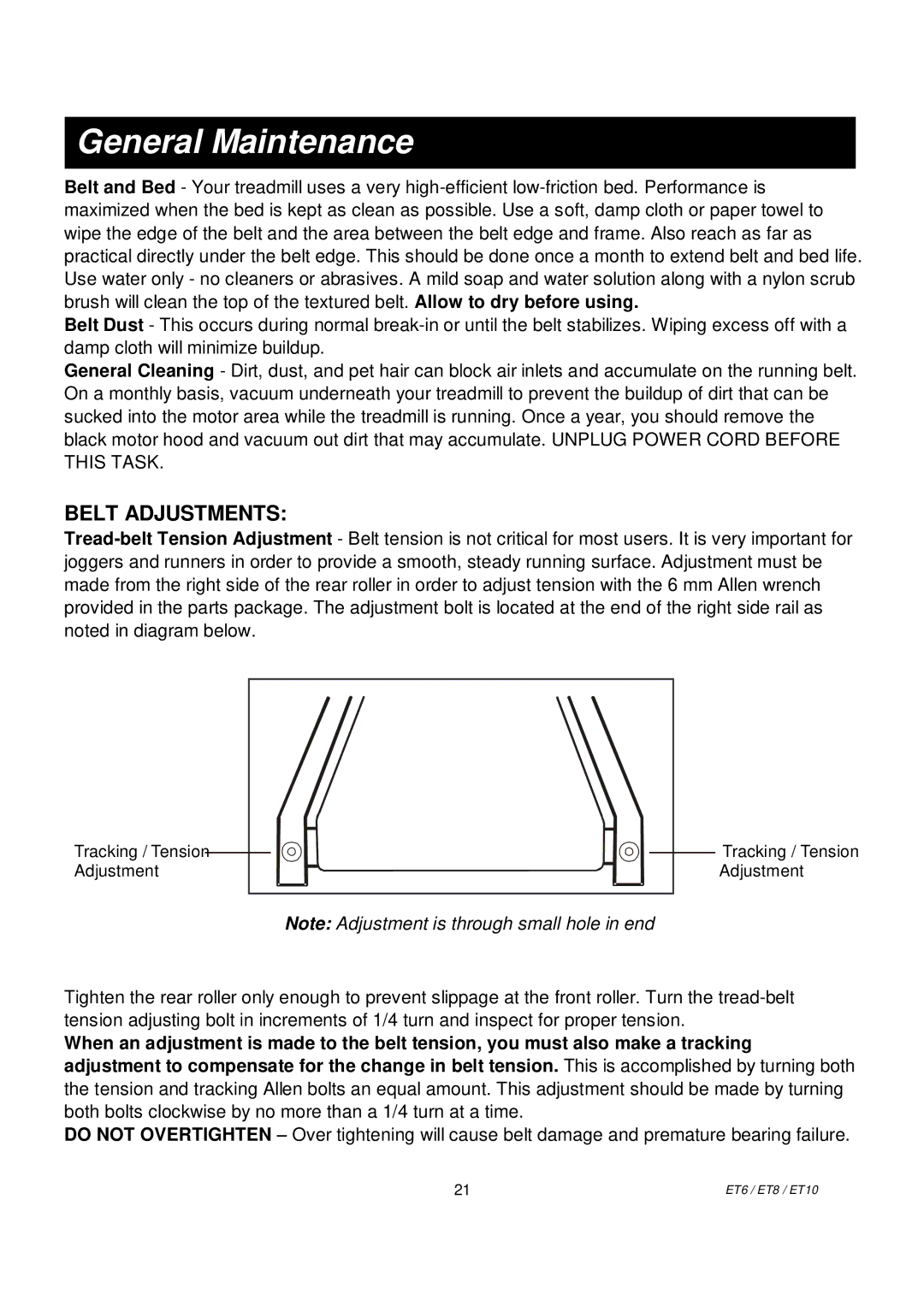 Spirit ET8, ET6, ET10 owner manual General Maintenance, Belt Adjustments 