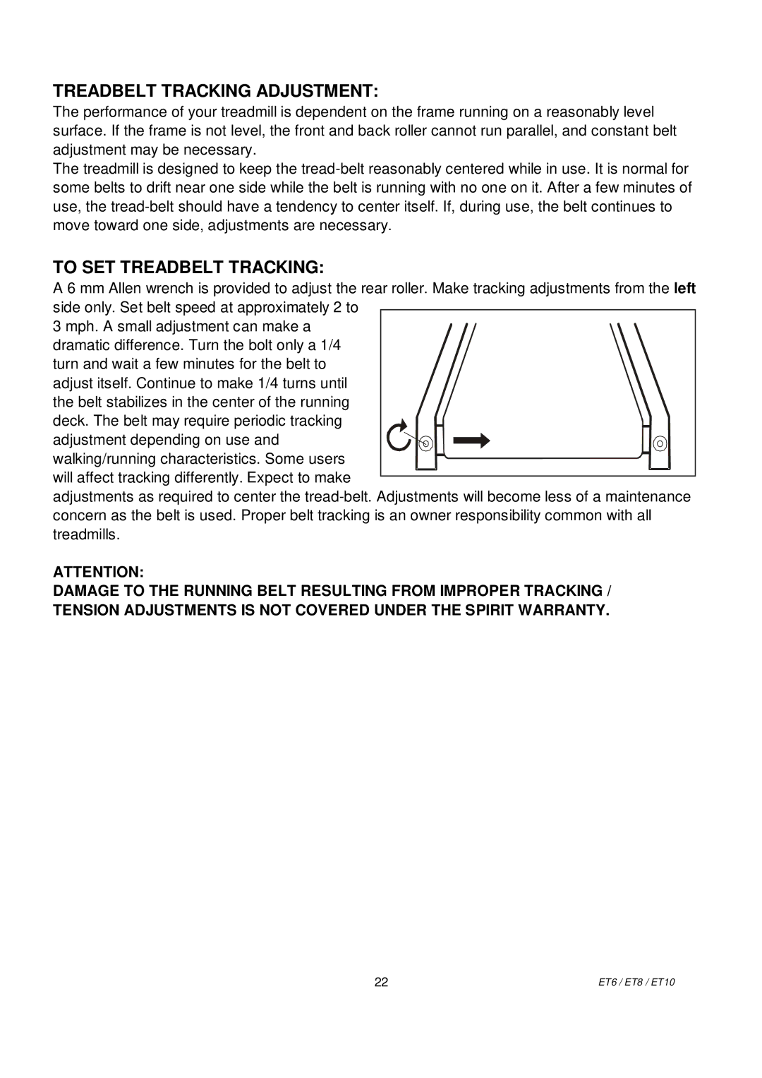 Spirit ET10, ET6, ET8 owner manual Treadbelt Tracking Adjustment 