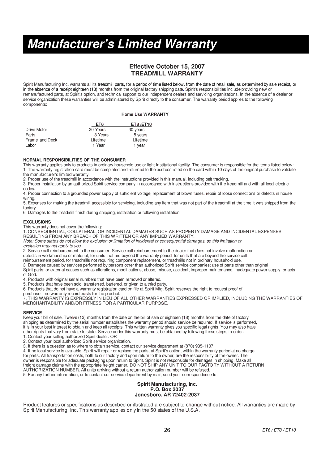 Spirit ET6, ET8, ET10 owner manual Manufacturer’s Limited Warranty, Treadmill Warranty 