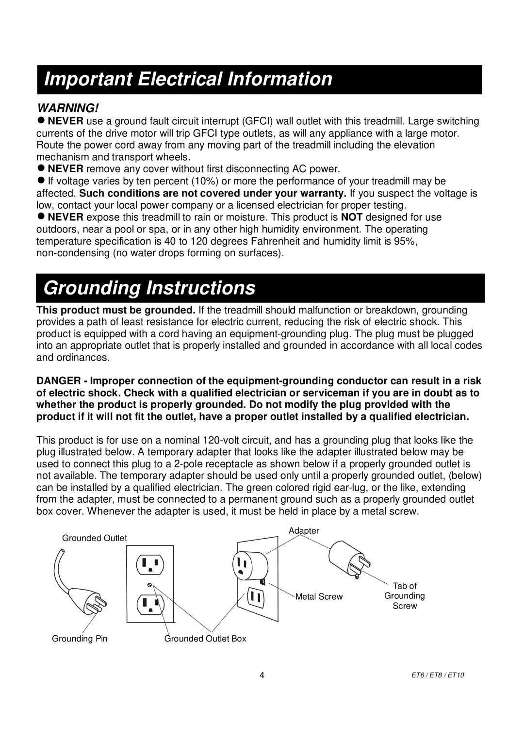 Spirit ET10, ET6, ET8 owner manual Important Electrical Information, Grounding Instructions 