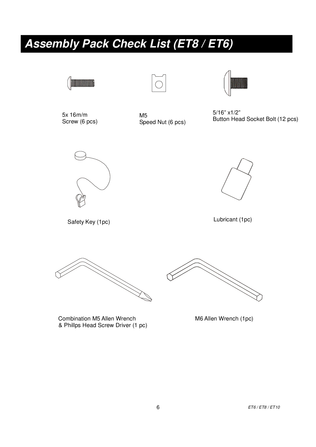 Spirit ET10 owner manual Assembly Pack Check List ET8 / ET6 