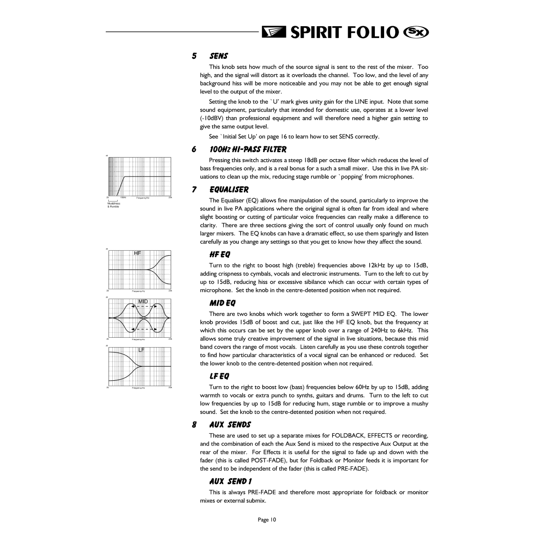 Spirit FOLIO SX mixer manual Sens, Equaliser, Hf Eq, Mid Eq, Lf Eq, AUX Sends 