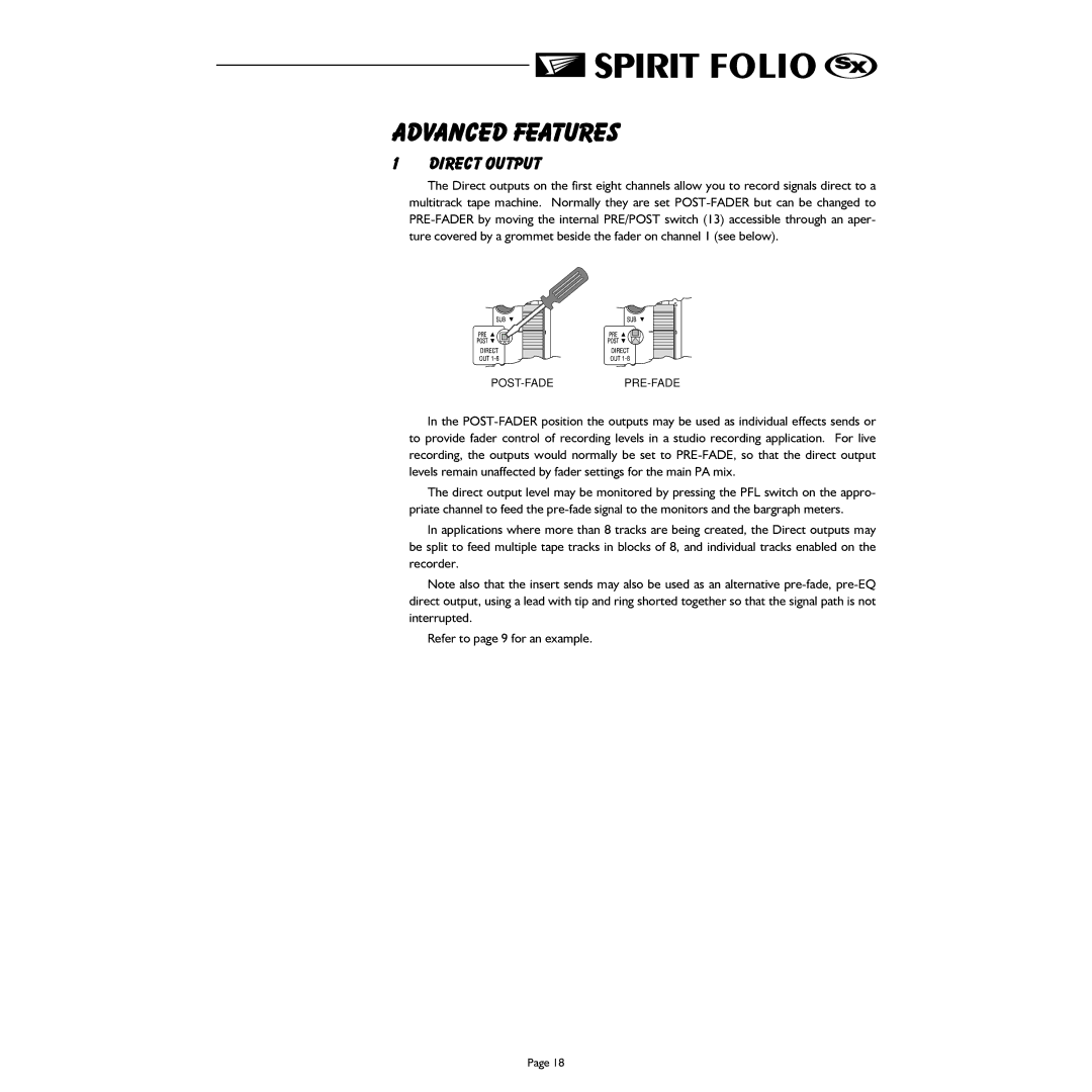 Spirit FOLIO SX mixer manual Advanced Features, Direct Output 