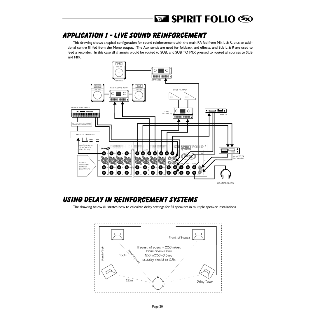 Spirit FOLIO SX mixer manual Application 1 Live Sound Reinforcement, Using Delay in Reinforcement Systems 