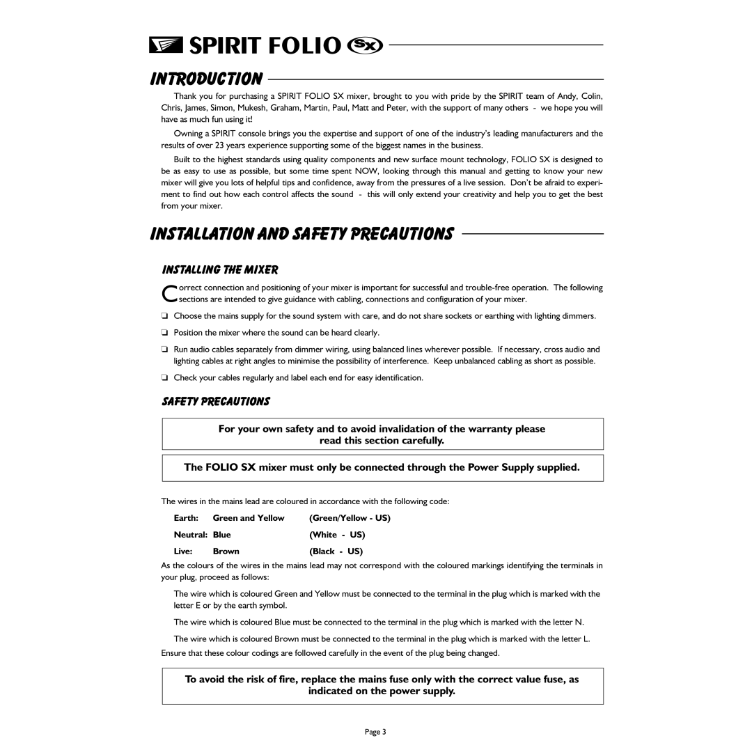 Spirit FOLIO SX mixer manual Introduction, Installation and Safety Precautions, Installing the Mixer 