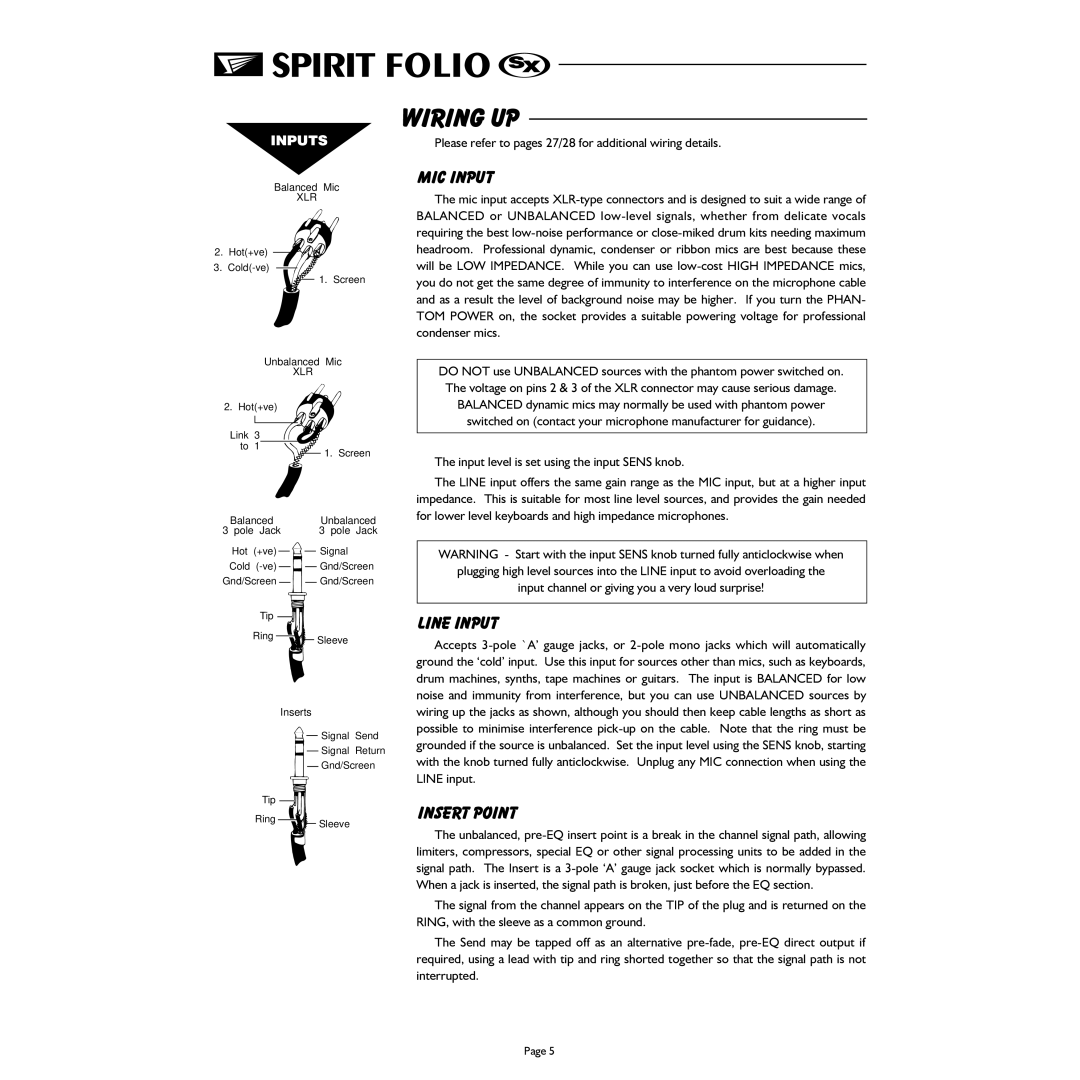 Spirit FOLIO SX mixer manual Wiring UP, MIC Input, Line Input, Insert Point 