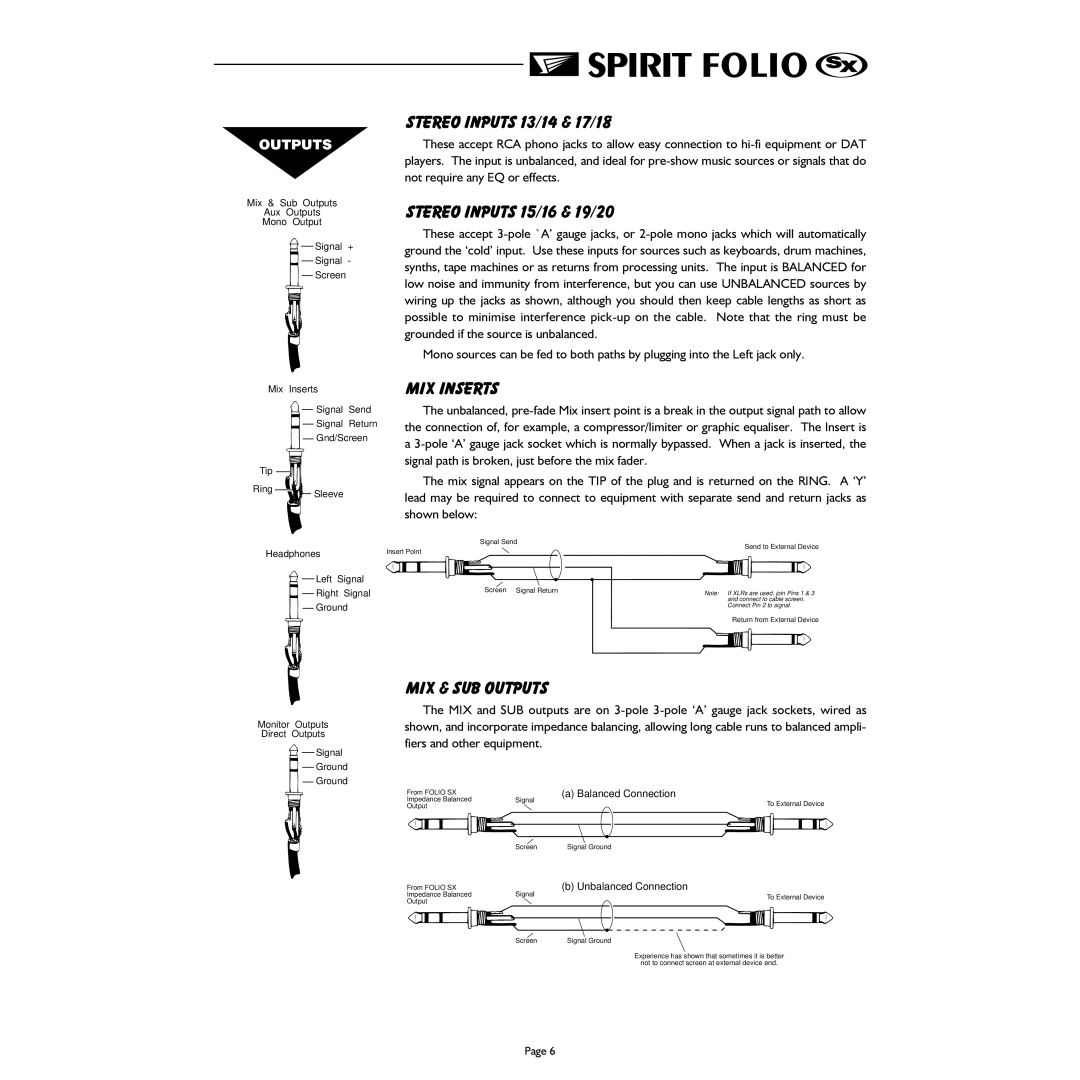 Spirit FOLIO SX mixer manual Stereo Inputs 13/14 & 17/18, Stereo Inputs 15/16 & 19/20, MIX Inserts, MIX & SUB Outputs 