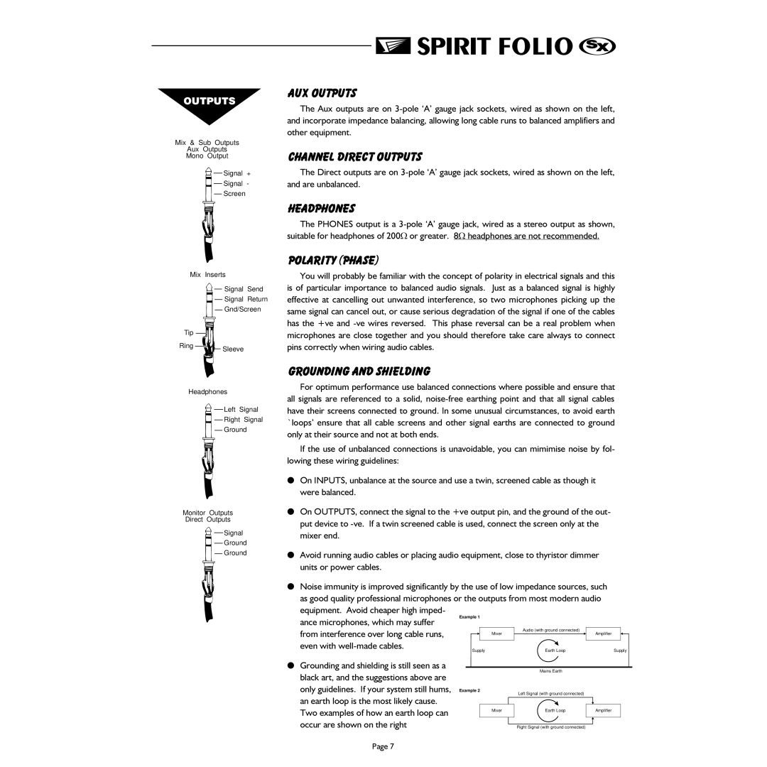 Spirit FOLIO SX mixer manual AUX Outputs, Channel Direct Outputs, Headphones, Polarity Phase, Grounding and Shielding 