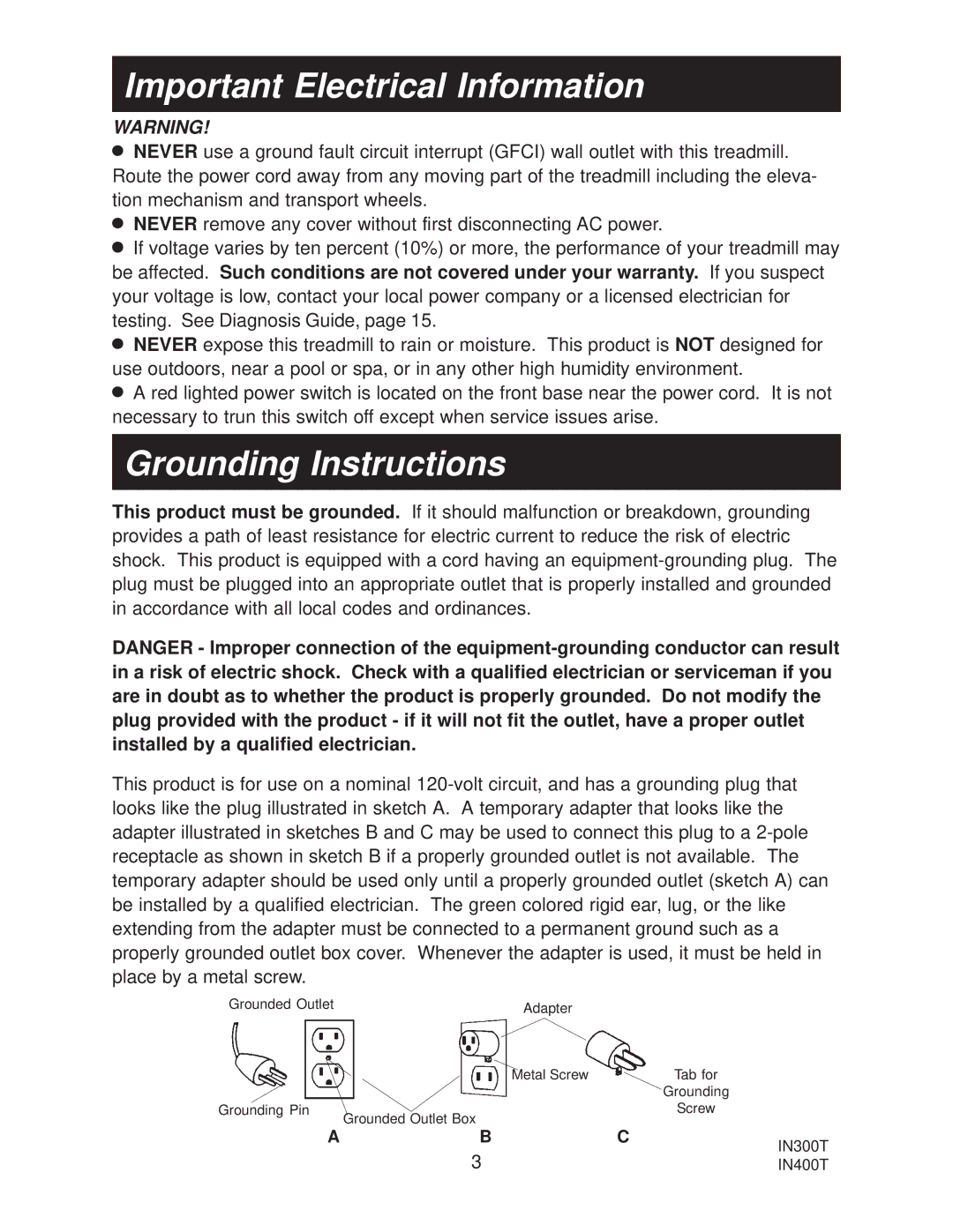 Spirit IN300T, IN400T owner manual Important Electrical Information, Grounding Instructions 