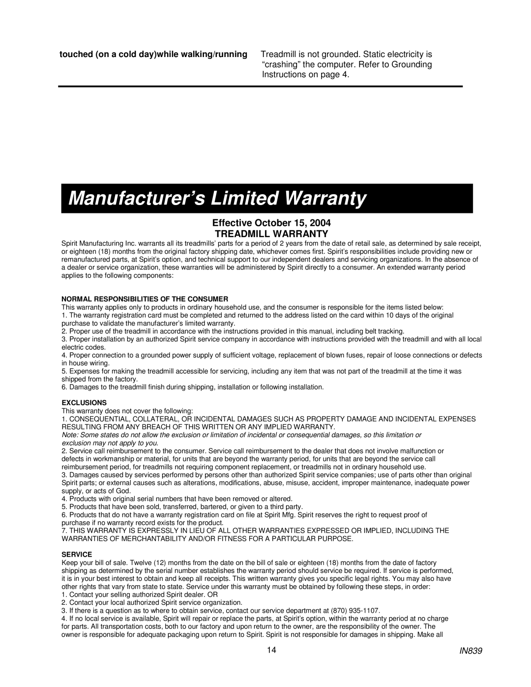 Spirit IN839 owner manual Manufacturer’s Limited Warranty, Treadmill Warranty 