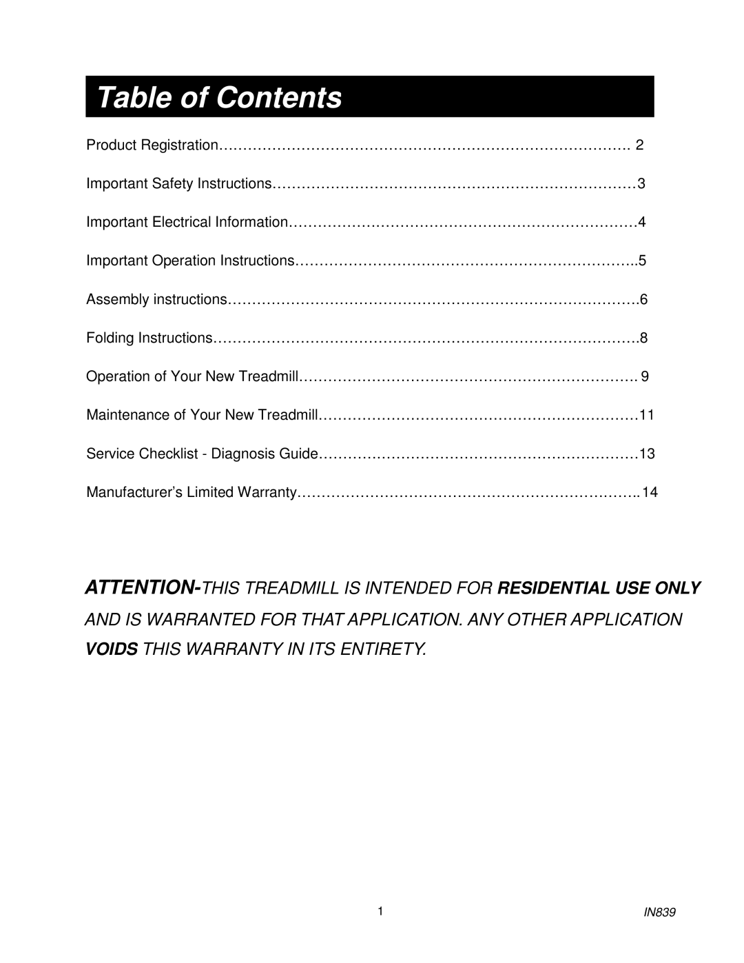 Spirit IN839 owner manual Table of Contents 