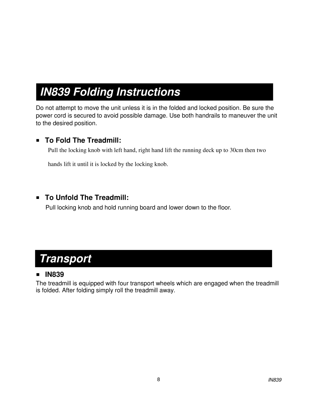 Spirit owner manual IN839 Folding Instructions, Transport 