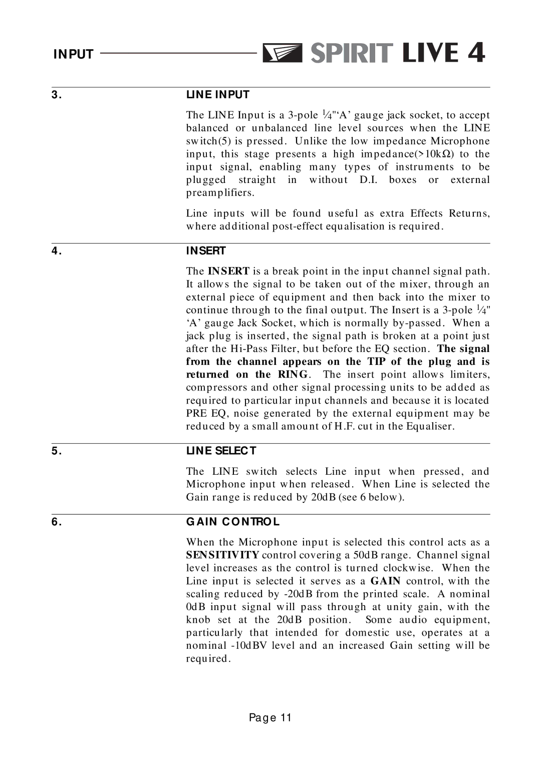 Spirit LIVE 4 manual Line Input, Insert, Line Selec T, AIN C O Ntro L 