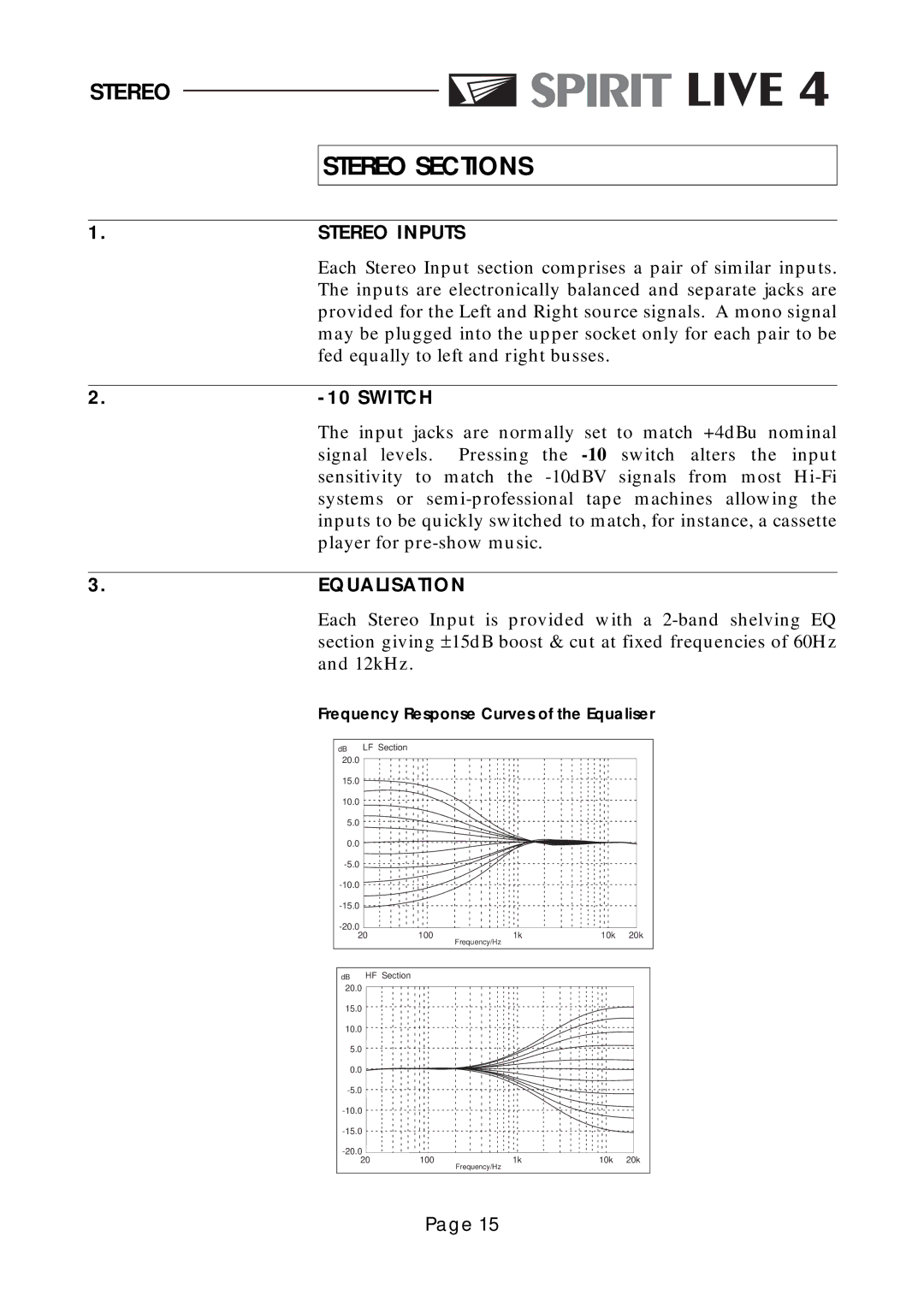 Spirit LIVE 4 manual Stereo Sections, Stereo Inputs, EQ Ualisatio N 