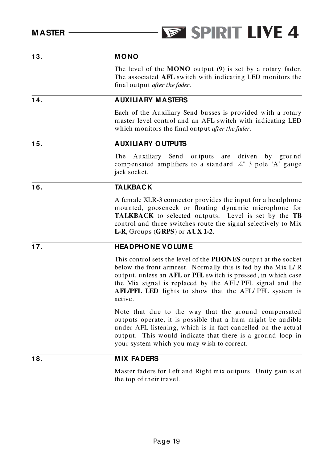 Spirit LIVE 4 manual Auxiliary M Asters, Auxiliary O Utputs, Talkbac K, Headpho NE V O LUM E, IX Faders 