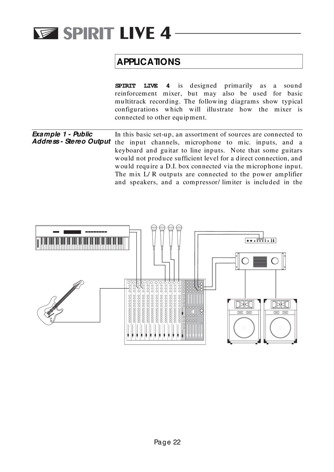 Spirit LIVE 4 manual Applications, Exa mple 1 Public Address Stereo Output 