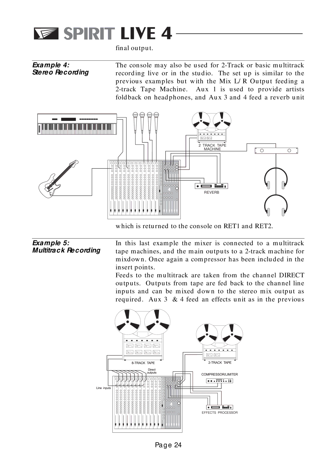 Spirit LIVE 4 manual Exa mple 4 Stereo Recording, Exa mple Multitra ck Recording 