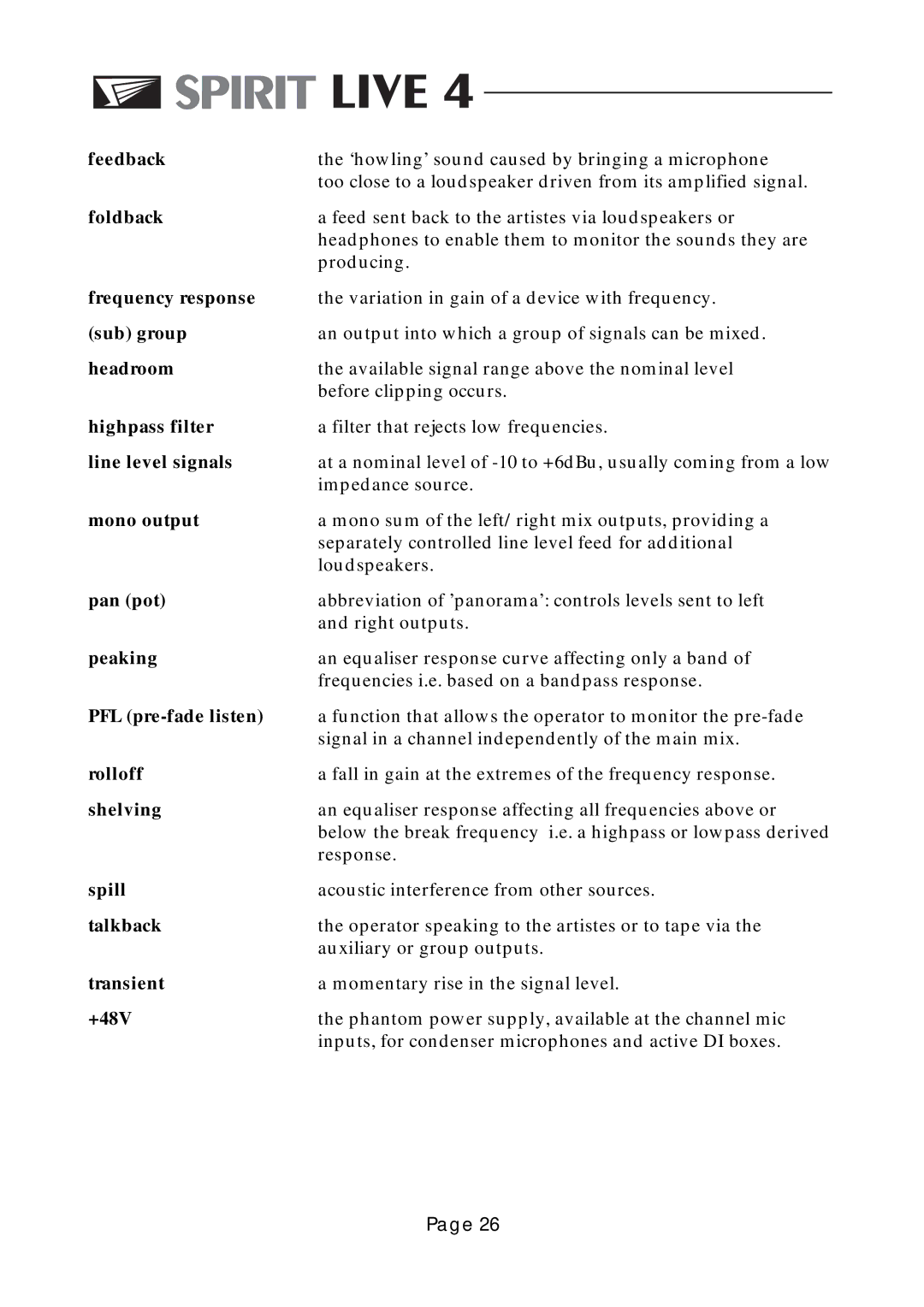 Spirit LIVE 4 manual Frequency response 