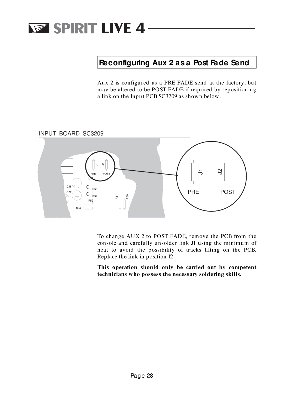 Spirit LIVE 4 manual Reconfiguring Aux 2 as a Post Fa de Send 